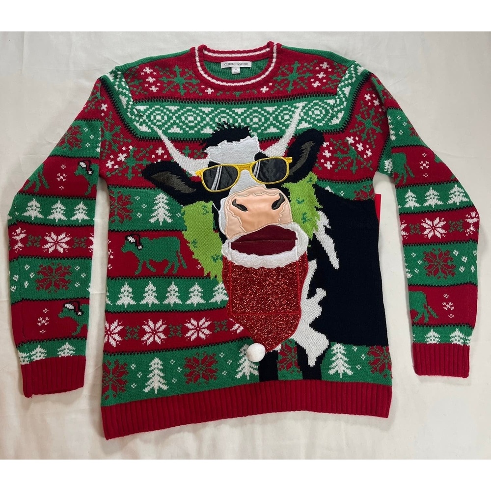 Celebrate Together Cow Ugly Christmas Sweater - Size M- NWT